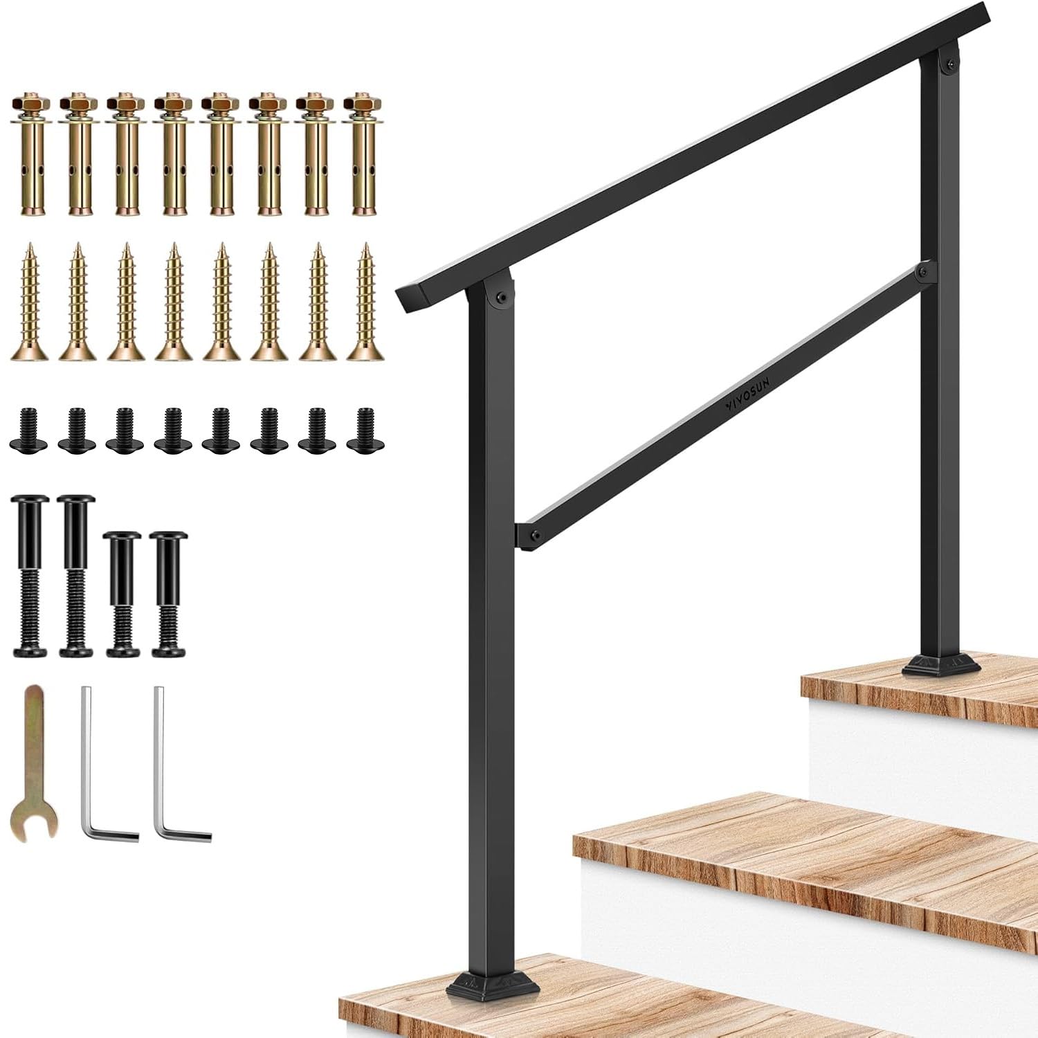 VIVOSUN Outdoor Handrail, 3 Step Stair Handrail, 40" x 36" Fits 1 to 3 Steps, Wrought Mattle Iron Handrail for Concrete Steps, Porch Steps, One-Step Assembly, Black