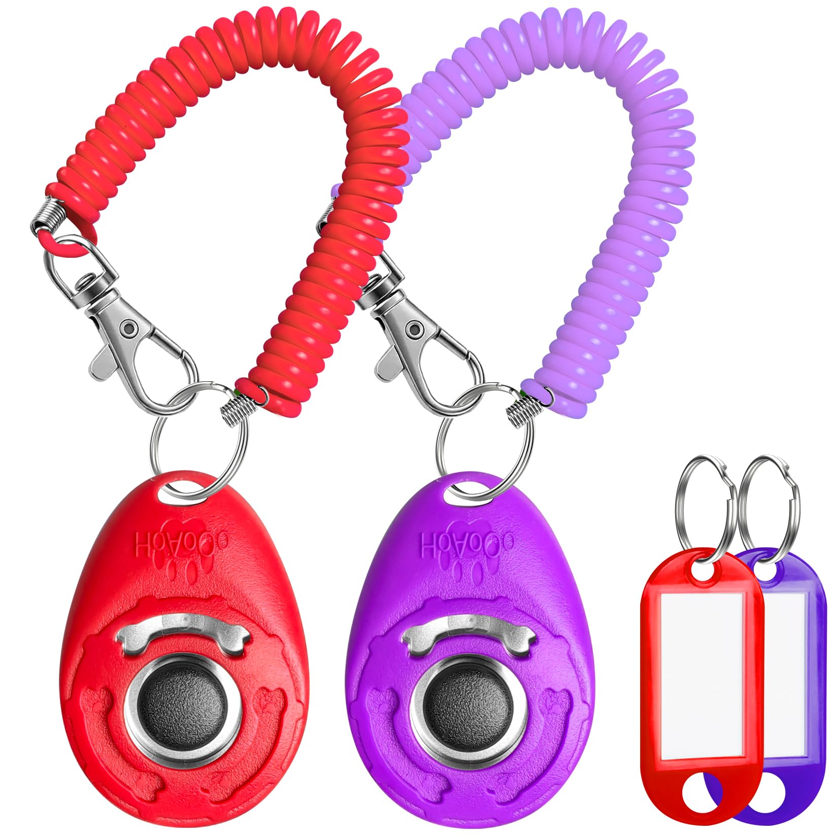 Dog Training Clicker with Coil Wrist Strap and Name Tags, Pet Training Clickers for Puppy, Cat, Potty, Bird, Horse, Pet, Trainer Training Tools, Behavior Aids (Red+Purple)