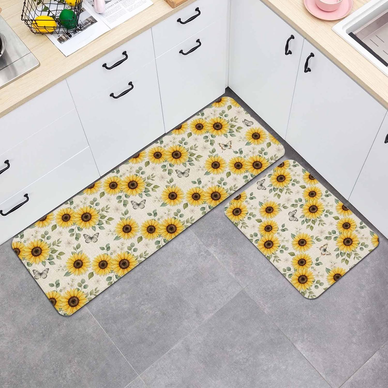Yellow Sunflower Kitchen Mat Set 2 Pieces Watercolor Butterflies Plant Farmhouse Linen Texture Non Slip Kitchen Rugs Washable Runner Rug Mats for Floor Sink Laundry Office 19.7" x 31.5"+19.7" x 63"
