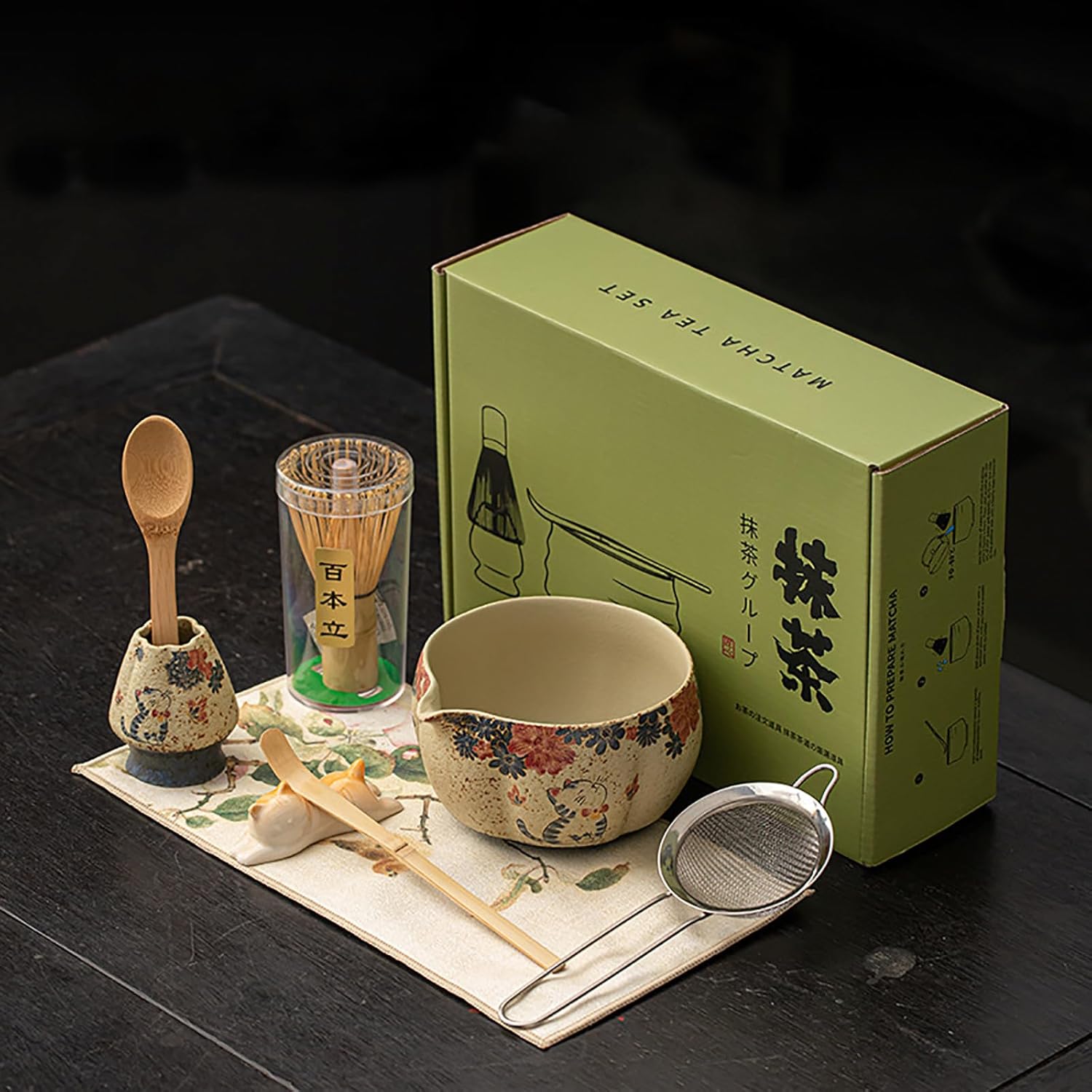 Matcha Set, 8-Piece Antique Pottery Ceremony Kit with Flame Blush Glaze, Gold Tracing, Bamboo Whisk & Chawan for Japanese Tea (Colour 1)