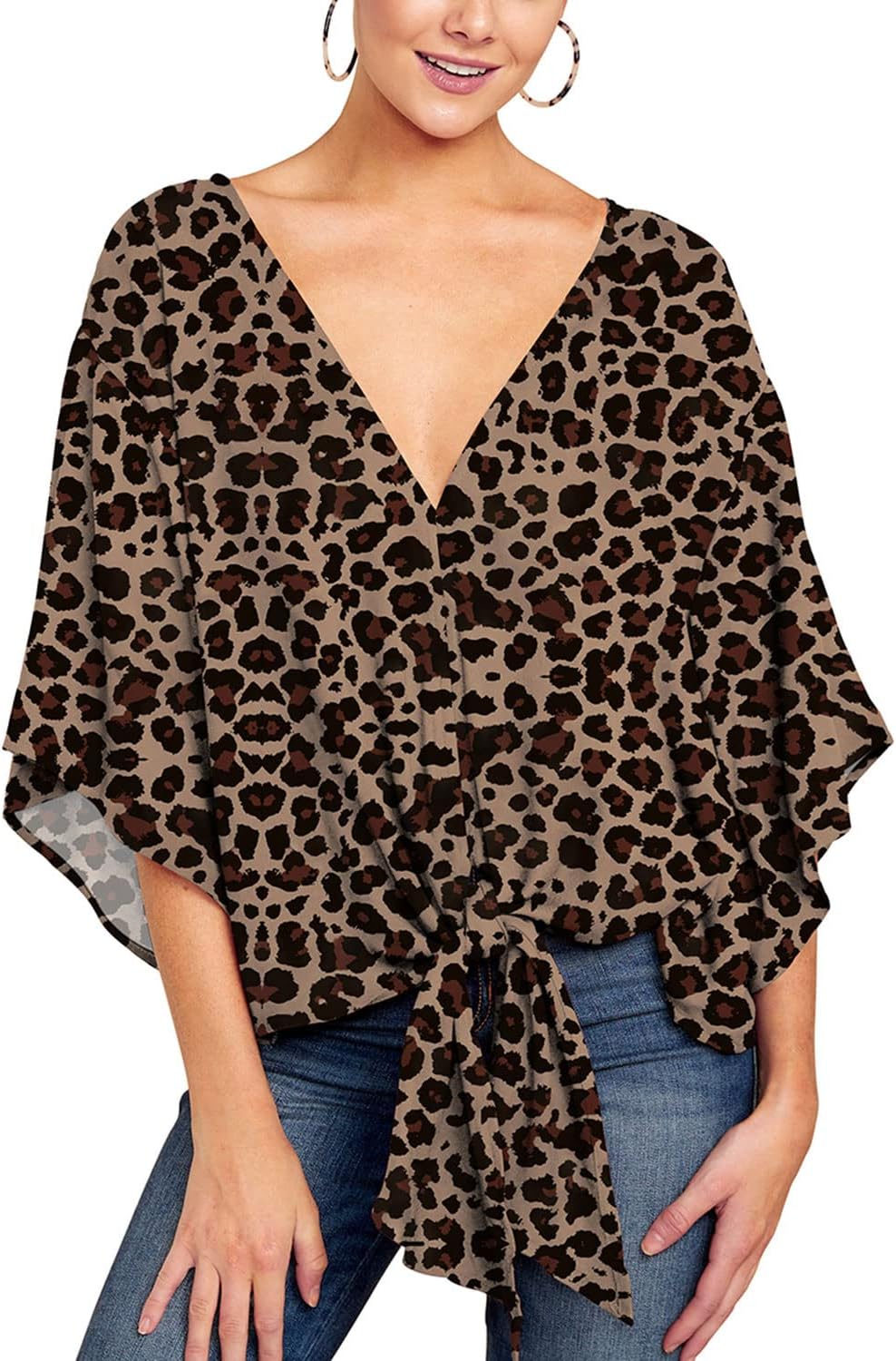Lu's Chic Women's 3/4 Sleeve Plus Size Blouse Print V Neck Boho Tops Tie Knot Front Casual Shirts