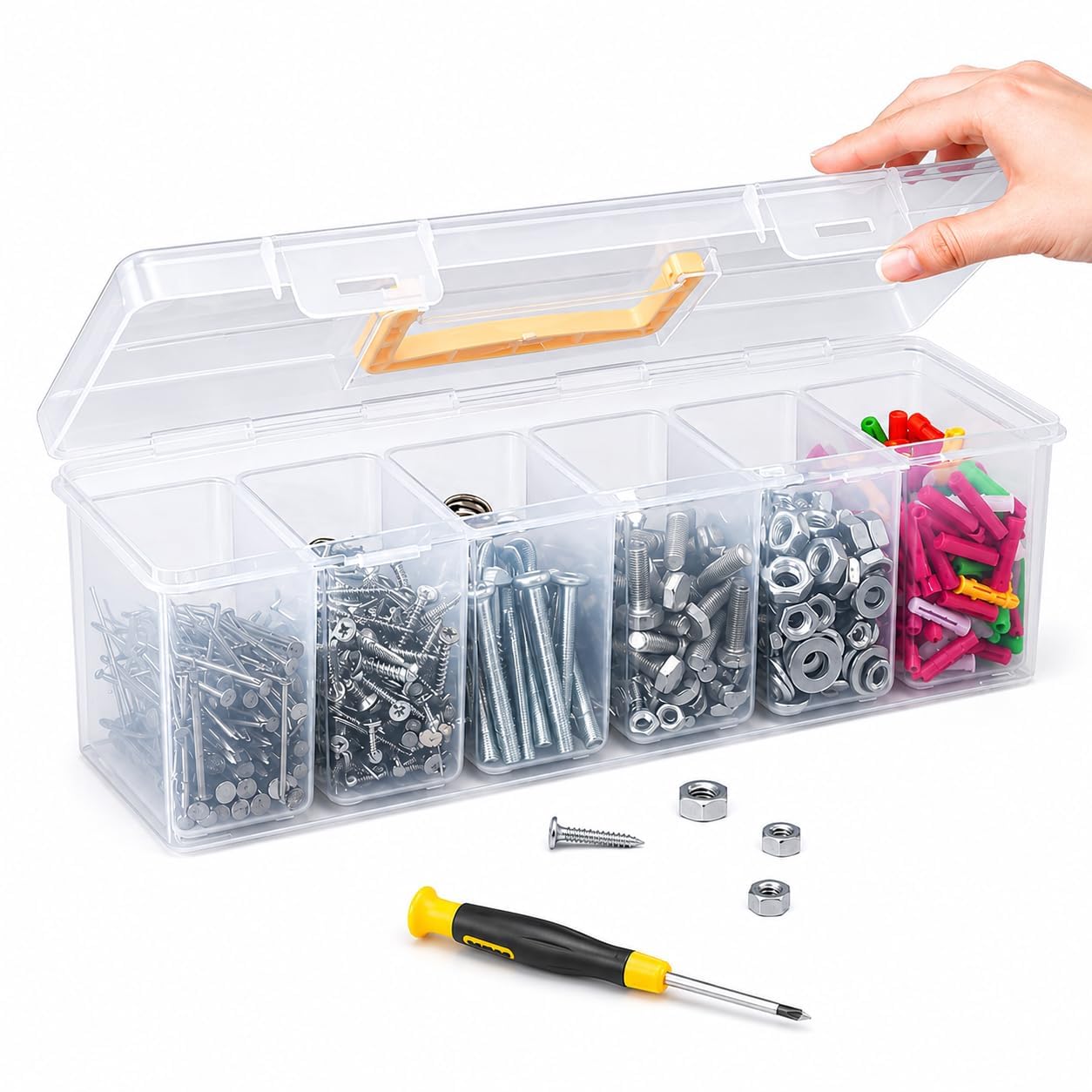 7-Piece Hardware Assortment Kit with Clear Organizer Boxes & Screwdriver | Multipurpose Screws, Nuts, Bolts, Nails & Fasteners Storage Set for DIY Home, Office, Garage & Workshop Repairs-image-2