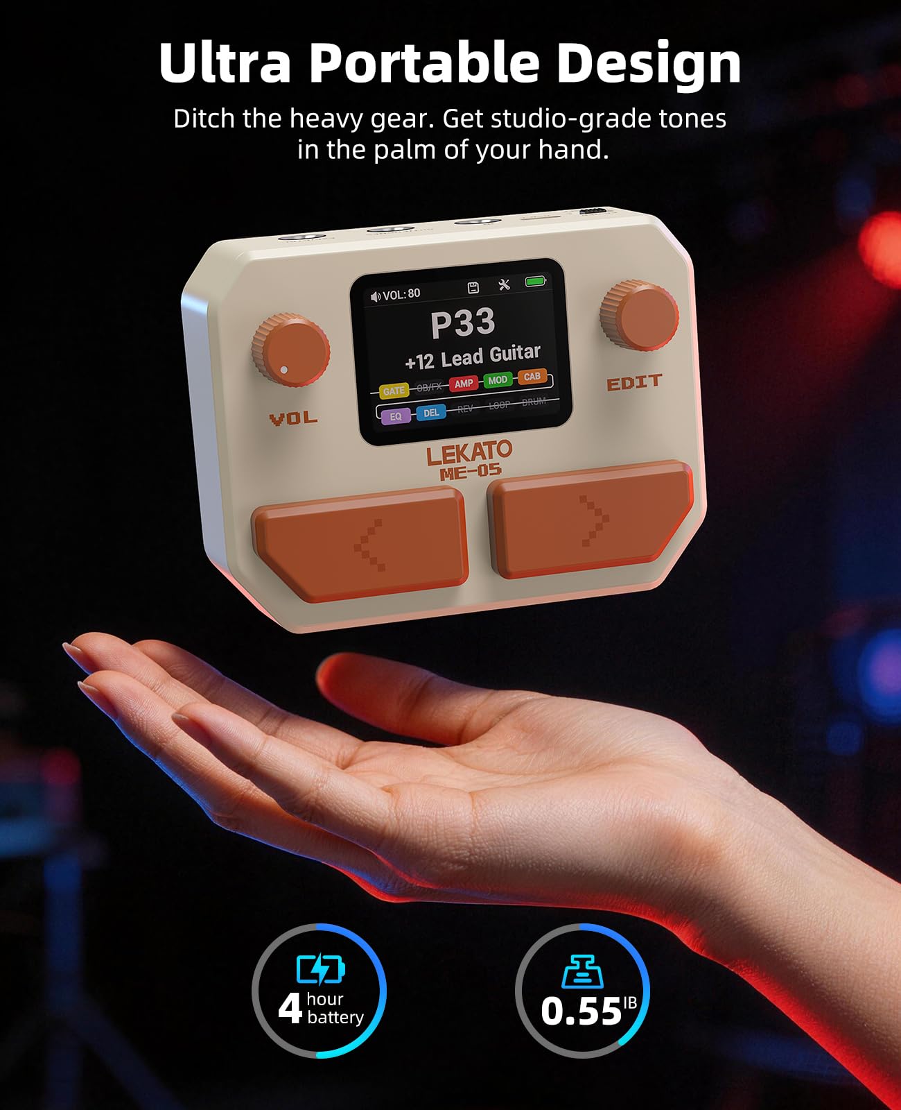 LEKATO Pedale Effetti per Chitarra Basso Processore Multieffetto 10 Moduli Effetto, 99 Preset, 30 Modelli di Amplificatori/Cabinet, Interfaccia Audio USB con OTG e Bluetooth, Display LCD da 2", Bianco