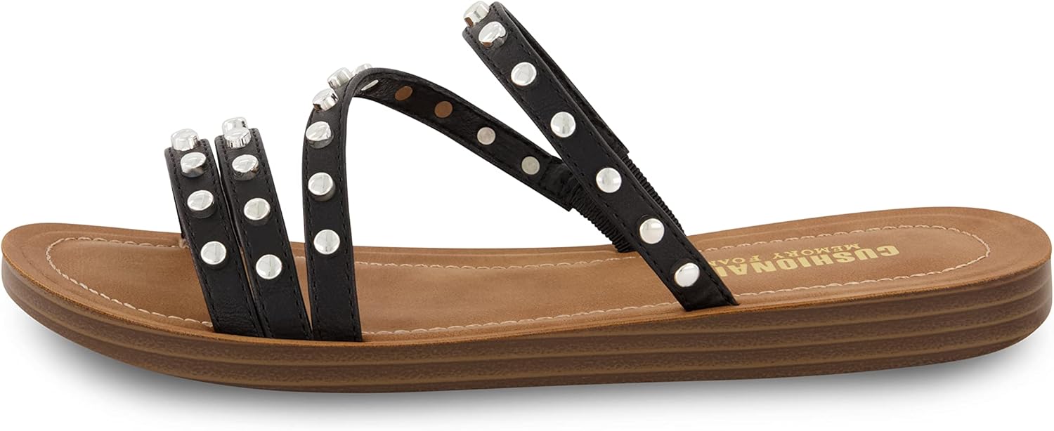 CUSHIONAIRE Andrea Strappy Women’s Sandals, Comfortable Studded Flat Slides for Women with Cushioned Footbed