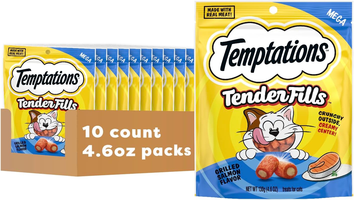 Temptations Tender Fills Crunchy and Soft Adult Cat Treats, Grilled Salmon Flavor, 4.6 oz. Pouch (Pack of 10)