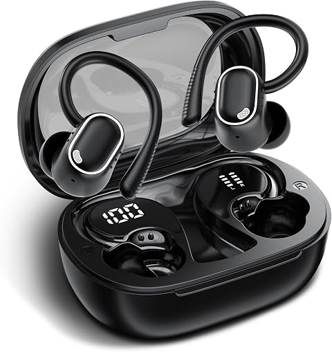 Bluetooth Kopfhörer Sport In Ear, Bluetooth 5.4 Kabellos Kopfhörer mit Ohrbügel, Hi-Fi Stereo, 50 Std Spielzeit, 4 ENC Noise Cancelling Mic, IPX7 Wasserdicht Laufkopfhörer für Joggen Gym, LED-Anzeige