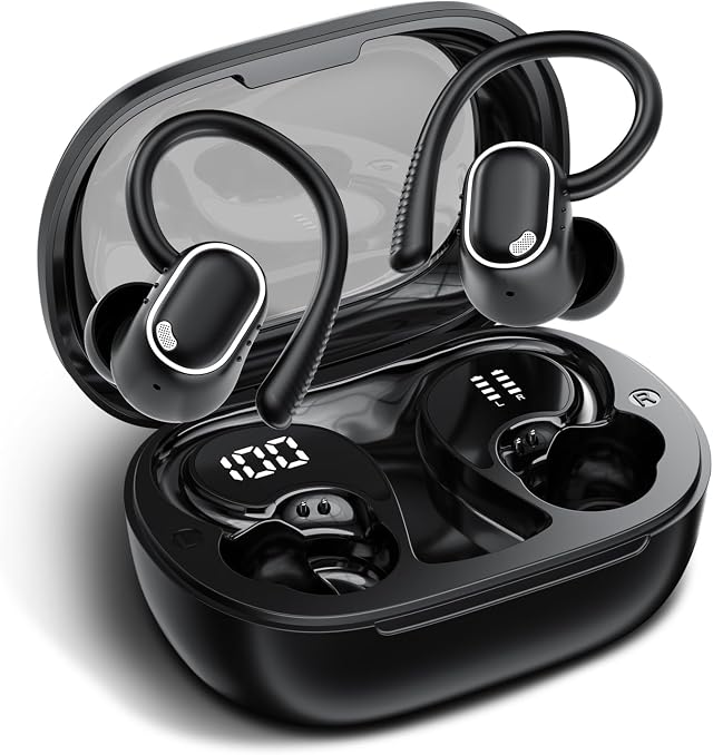 Bluetooth Kopfhörer Sport In Ear, Bluetooth 5.4 Kabellos Kopfhörer mit Ohrbügel, Hi-Fi Stereo, 50 Std Spielzeit, 4 ENC Noise Cancelling Mic, IPX7 Wasserdicht Laufkopfhörer für Joggen Gym, LED-Anzeige