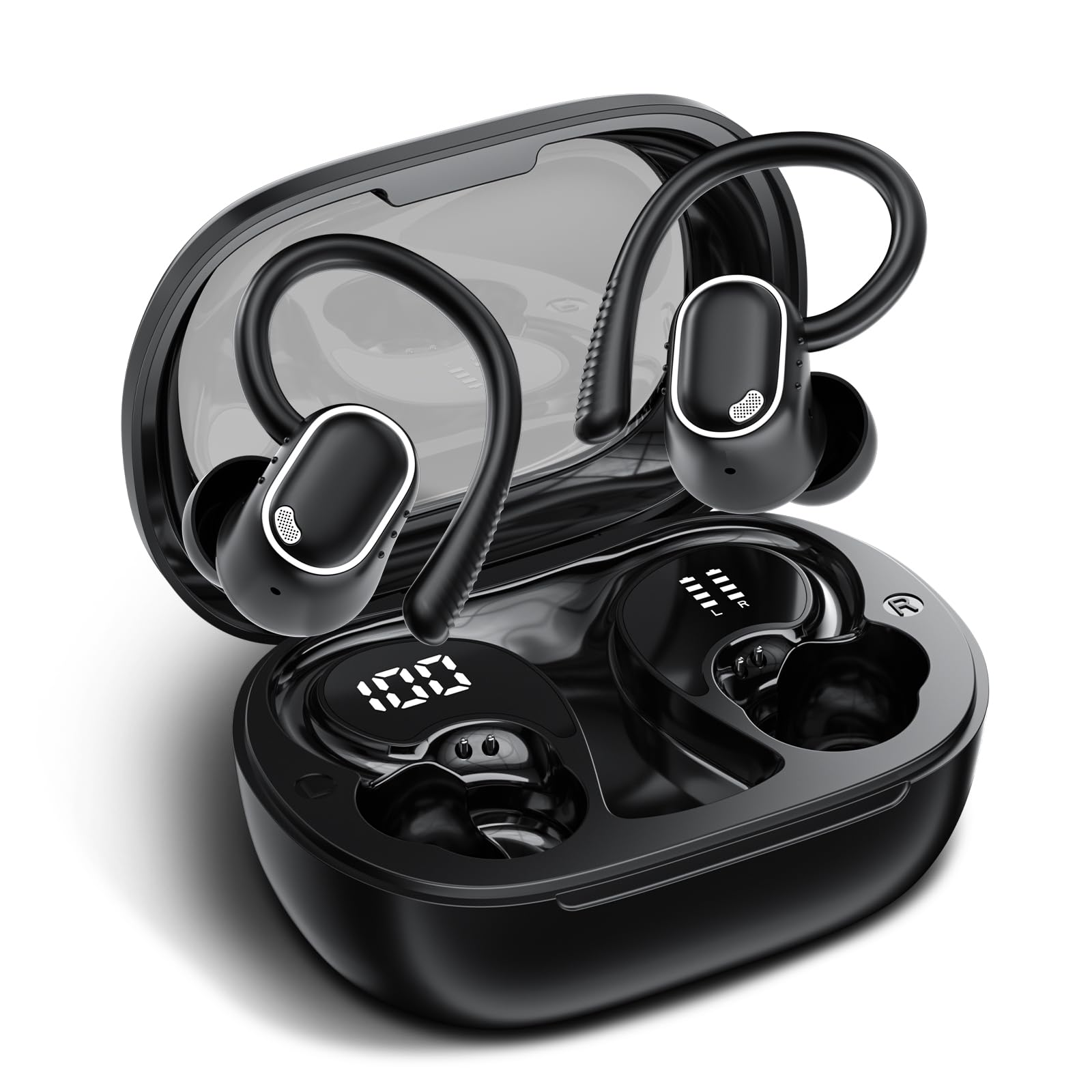 Bluetooth Kopfhörer Sport In Ear, Bluetooth 5.4 Kabellos Kopfhörer mit Ohrbügel, Hi-Fi Stereo, 50 Std Spielzeit, 4 ENC Noise Cancelling Mic, IPX7 Wasserdicht Laufkopfhörer für Joggen Gym, LED-Anzeige