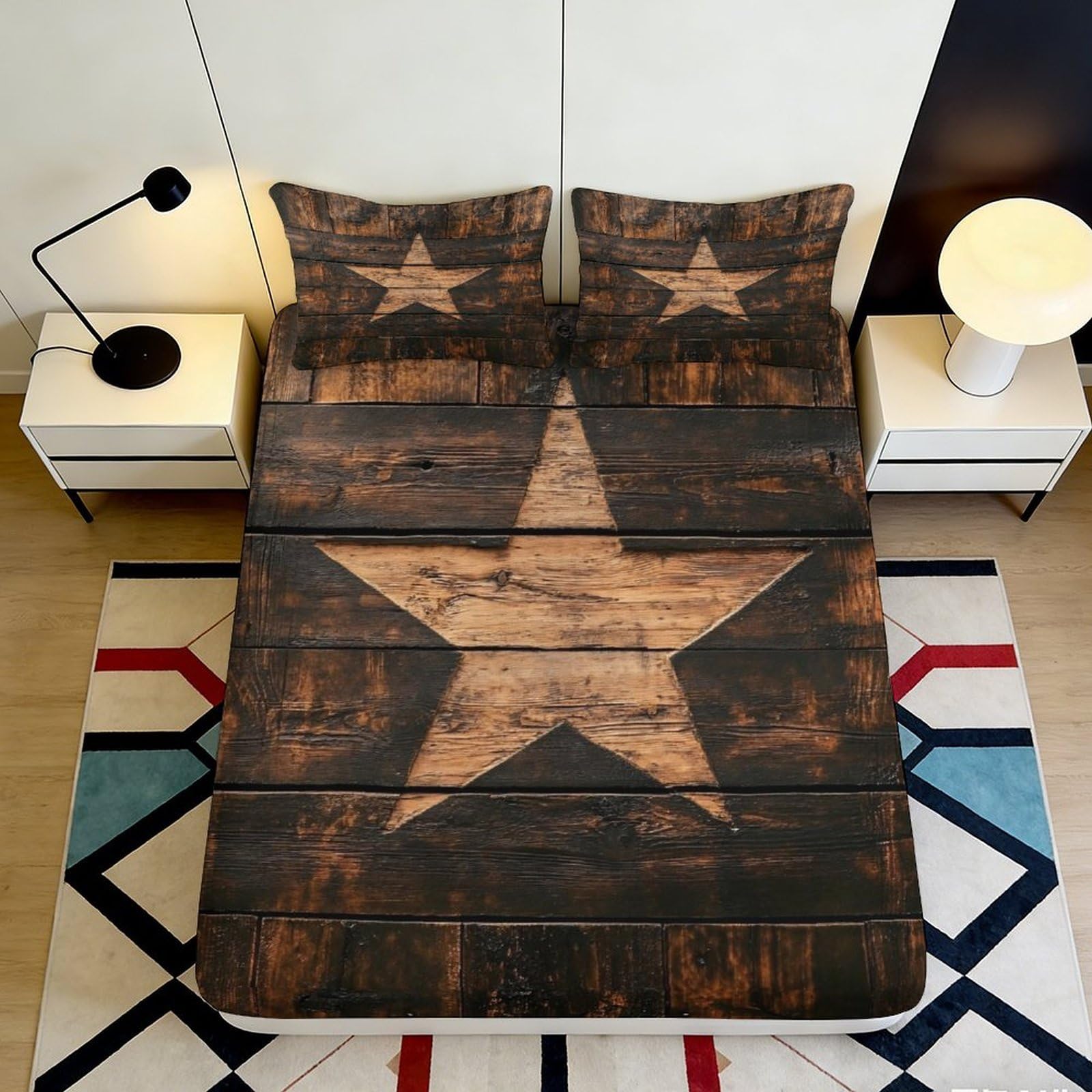 3D Printed Rustic Wood Star Fitted Sheet Microfiber Anti-Slip Mattress Cover Bedroom Decor Dustproof Easy Care 90x200x25cm