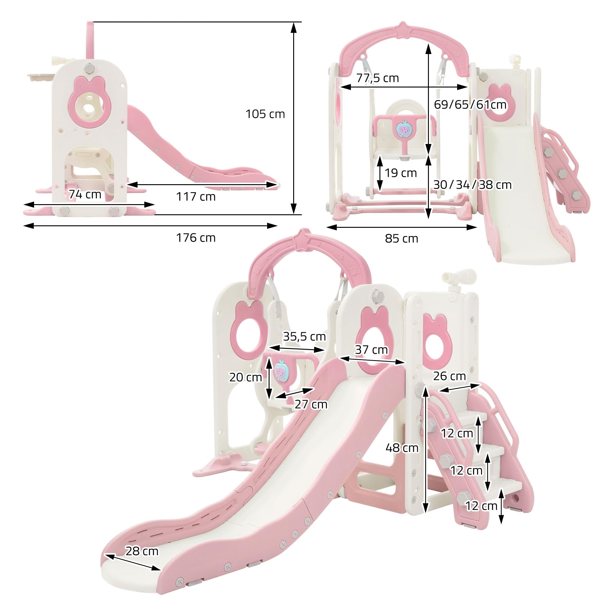 Joyz Scivolo e Altalena per Bambini 5 in 1, Parco Giochi Interno ed Esterno, con Scala da Arrampicata, Canestro da Basket e Telescopio, Centro Attività, Set da Gioco con Scivolo Rosa/Bianco da 3 Anni