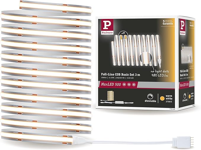 Paulmann 71046 MaxLED 500 Strip LED Full-Line COB juego completo 3m 19W 1500lm 480LED/m 2700K 36VA regulable, plateado, plástico