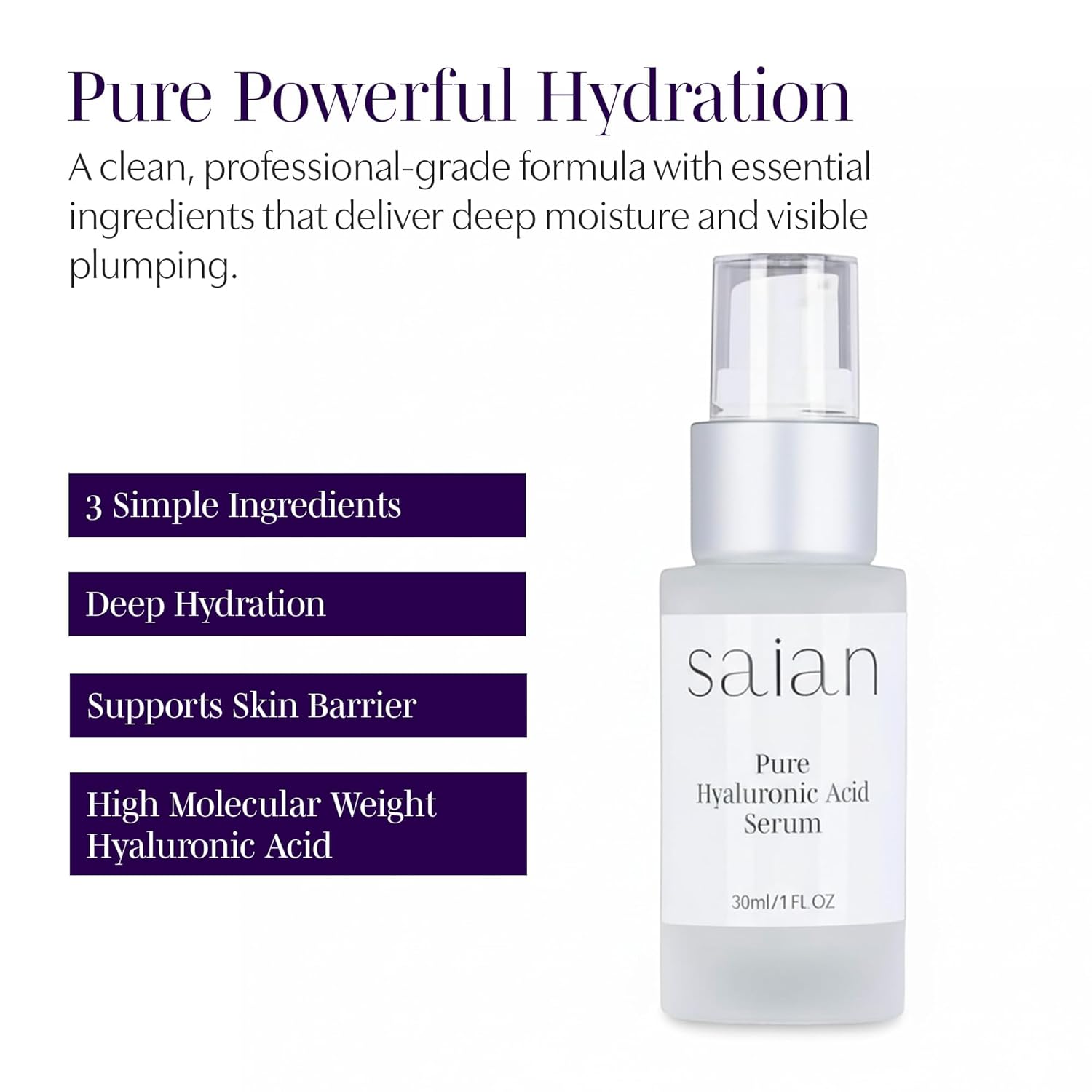 Saian Pure Hyaluronic Acid Serum – Hydrating Facial Skin Care for Face & Body | Moisturizing Anti-Aging Serum for Mature, Dry & Sensitive Skin | Microneedling-Safe Vegan Formula for Deep Hydration - Image 2