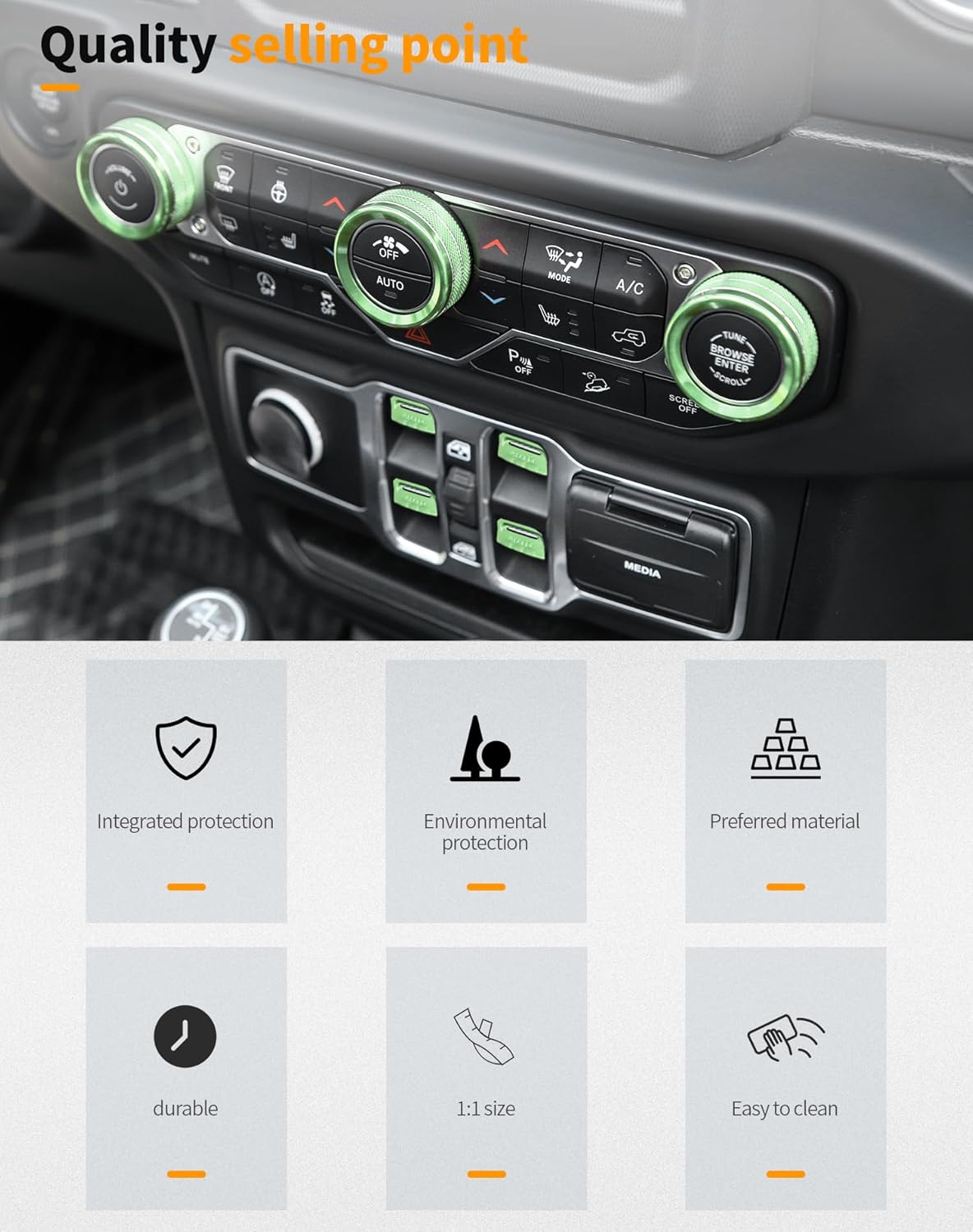 Hoolcar Window Switch Button Cover Volume Radio Air Conditioner Headlight Switch Knob Cover Compatible with Jeep Wrangler JL JLU 2018-2025 & Gladiator JT Accessories, Green