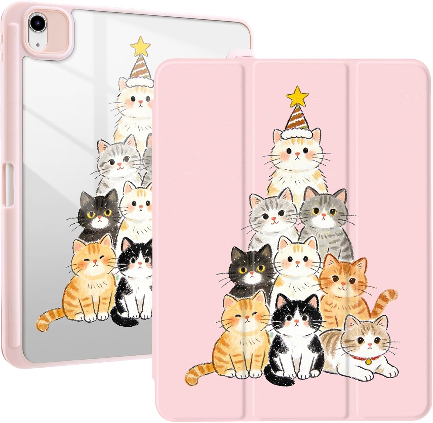 Stacked Party Cat Tree Art Case for iPad 10.2 Inch 7th / 8th / 9th Generation (2019/2020/2021) Built-in Pencil Holder, Tablet Cover with Acrylic Transparent Back Shell Auto Wake/Sleep,Pink
