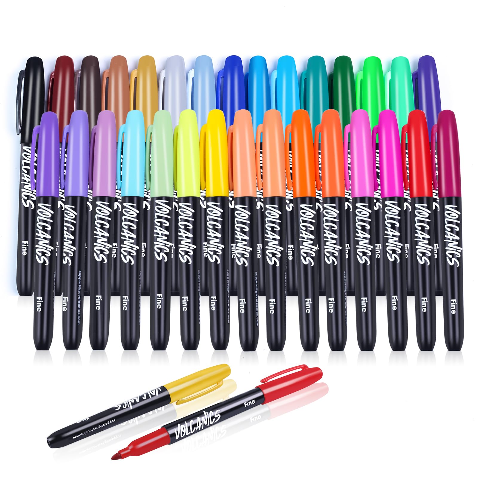 Volcanics 30 Coloured Pens, Fine Tip Permanent Markers for Students, Teachers and Professionals, Multi-Surface Pens for Note-Taking, Organizing and Warehouse Labelling