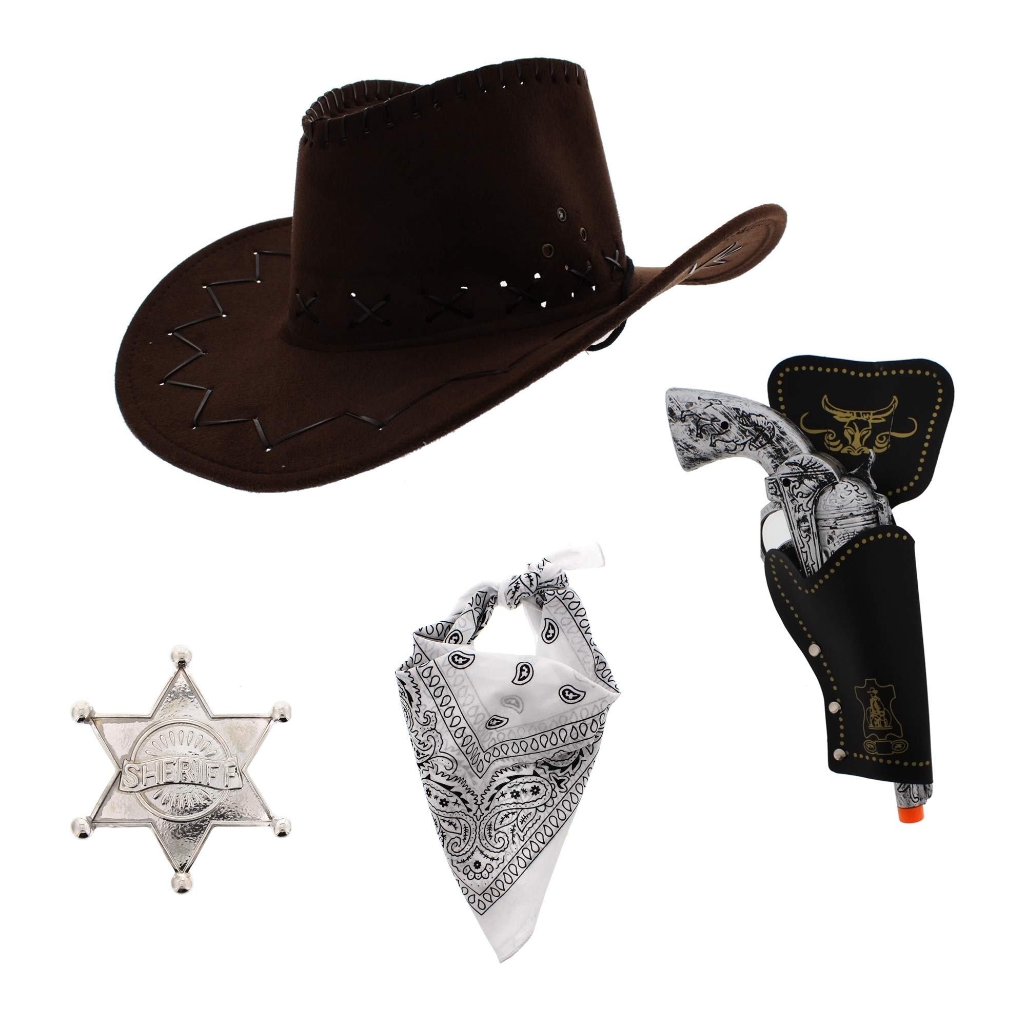Zac's Alter Ego Fancy Dress Unisex 4 Piece Cowboy Set, Brown Hat, White Bandana - Image 3