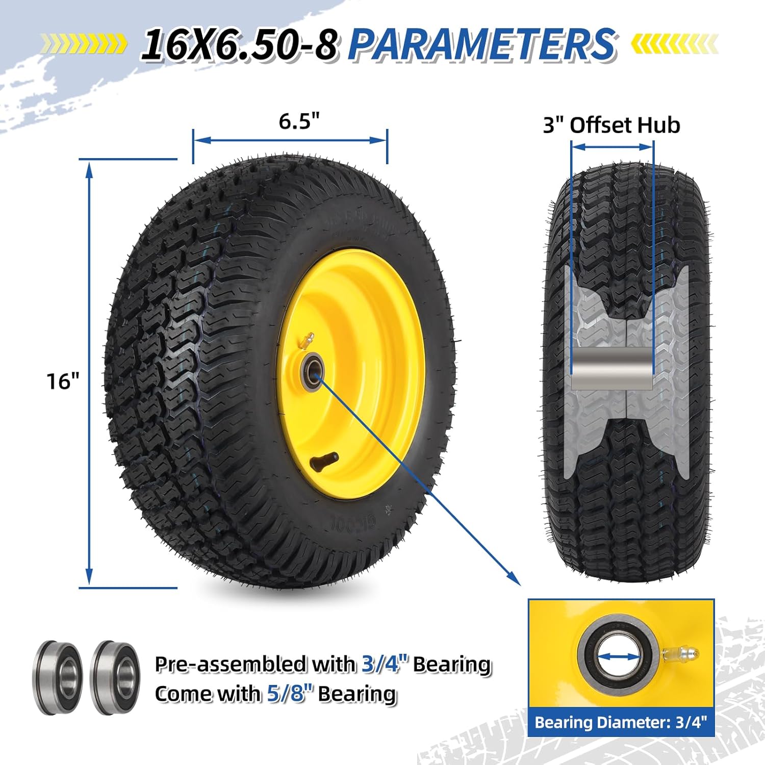 GICOOL 16x6.50-8 Tubeless Tire and Wheel, 16x6.5-8 Lawn Mower Tires, 3"-4.5" Offset Hub, 3/4" or 5/8" Bearing, Universal Fit Riding Mower and Garden Tractor Front Wheel, 4 Ply, S-Turf Pattern, 2 Pack