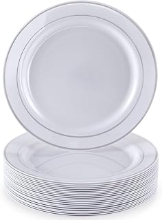 Glare Collection White/Silver Disposable Plastic Dessert Plates - 6" (Pack of 10) - Perfect for Weddings, Birthdays & Special Occasions