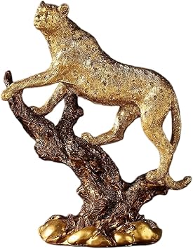 Creative Cheetah Statue, Gold Resin Leopard Sculpture, Leopard Figurine on Tree Stump, Modern Resin Leopard Ornament, Decor for Home and Office