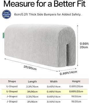 AEOCOO Bed Rail Bumper for Toddlers, Padded Bumper Pad 20cm High, Grey 90cm – Fits Over Bunk, Mid-Sleeper, Floor & Bed Rails – Stops Head Bumps & Falls – No-Slip Ties, Washable Cover