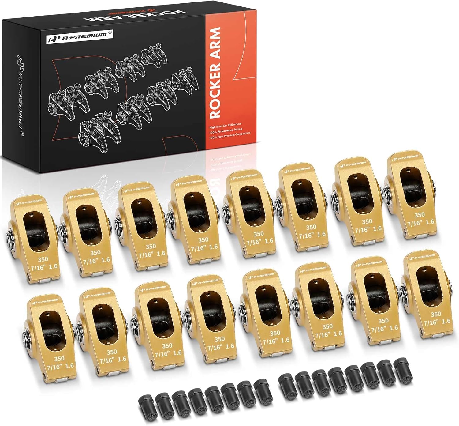 A-Premium 16Pcs Gold Aluminum Engine Roller Rocker Arms 1.6 Ratio Compatible with Small Block Chevy SBC 350, 7/16" Studs, with Needle Bearings