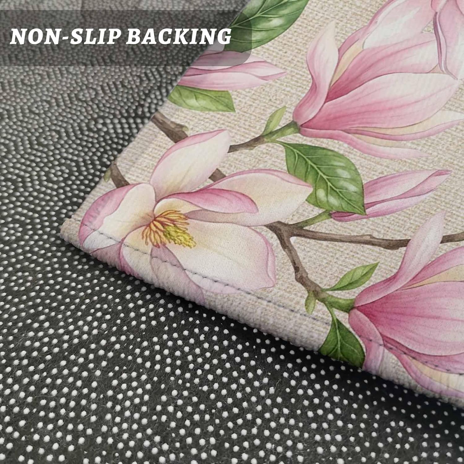 Teamery Kitchen Mats for Floor Farmhouse Magnolia Ombre Pink Washable Non Slip Kitchen Rugs 1PCS, Blossom Floral Retro Linen Absorbent Standing Mats for Sink Bathroom Office Living Room 15.7x47.2in