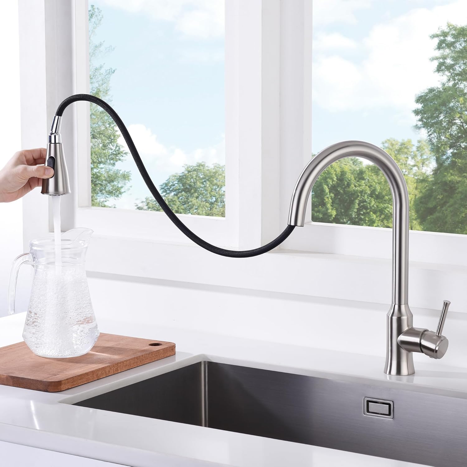 SUMERAIN Kitchen Faucet with Pull Down Sprayer Brushed Nickel, Dual Function Lead-Free Stainless Steel Sink Faucet