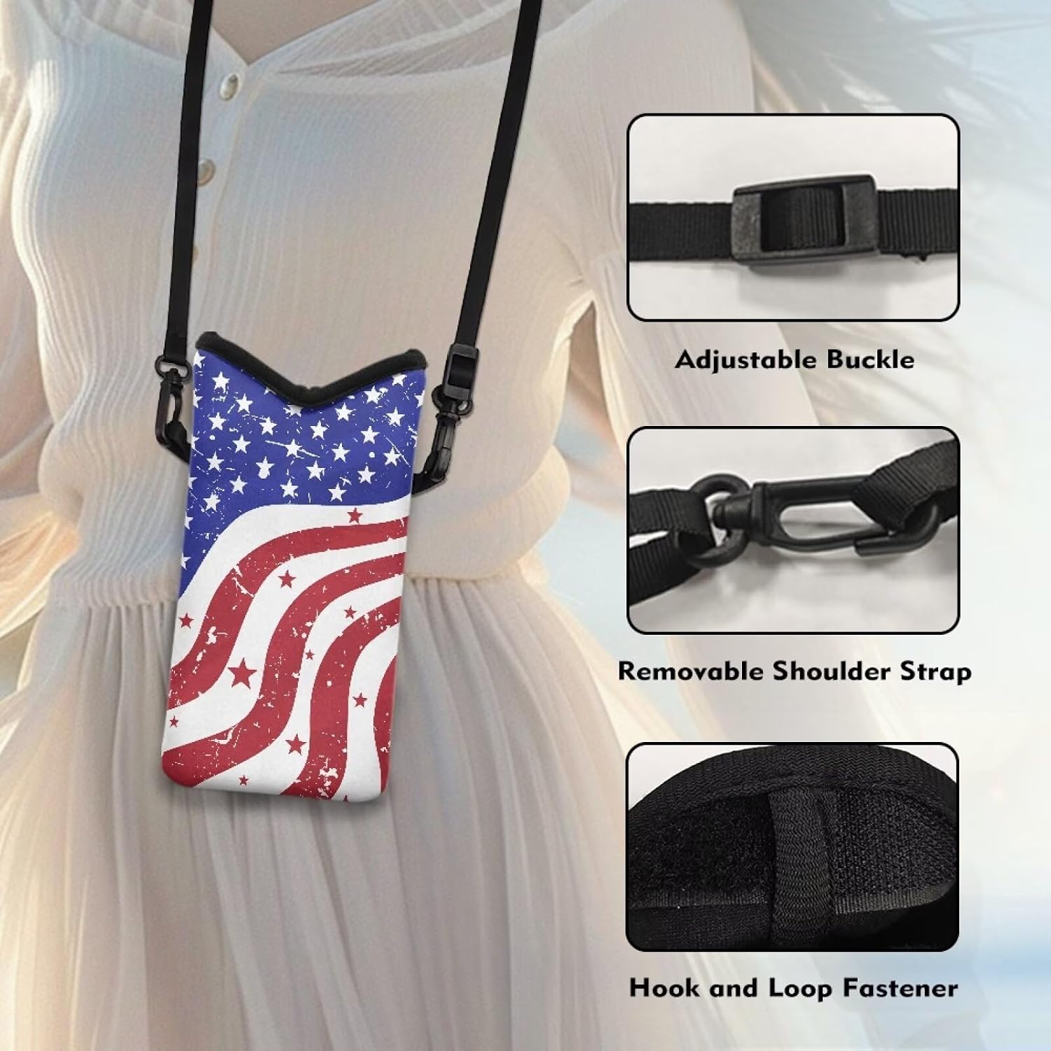 Suobstales American Flag Print Neoprene Phone Sleeve for Women Men, 4th of July Lightweight Cell Phone Pouch Case Bag with Crossbody Strap/Neck Lanyard for iPhone Samsung, 8 X 4 inch