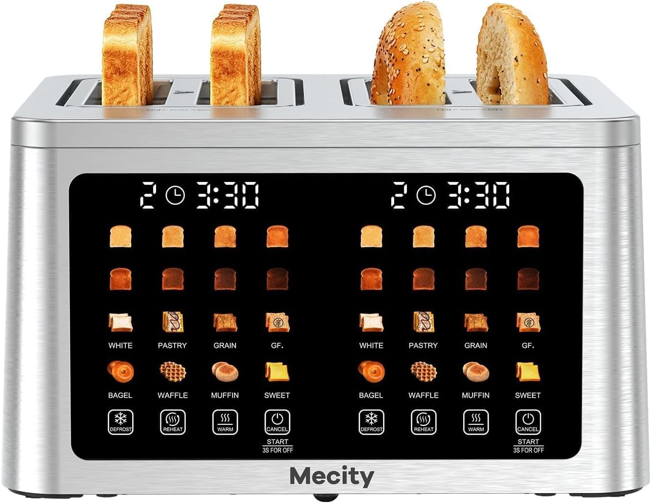 Mecity 4 Slice Toaster Wide Slot, Auto Lift Keep Warm Smart Toaster with Touch Screen, Dual Control Panel, Defrost, Auto Shut Off Digital Toasters for Bagel Muffin Waffle Gluten Free Breads 1700W 120V