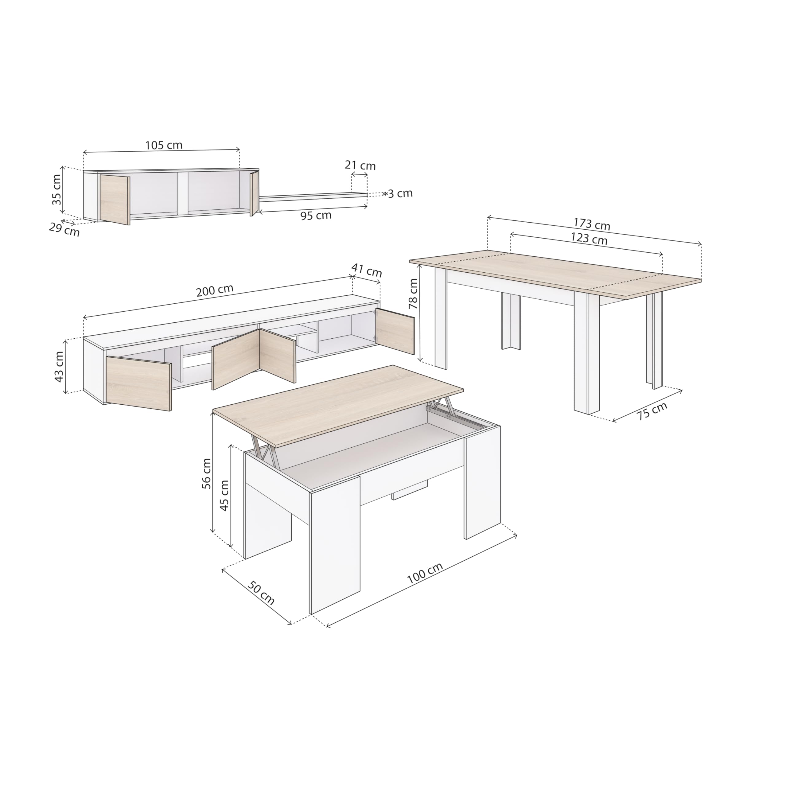 duehome | Pack de Salon con Modulo TV + Mesa de Centro Elevable y Mesa de Comedor, Conjunto de Salon, Modelo Arlet MAX V2B, Acabado en Blanco Artik y Roble Canadian