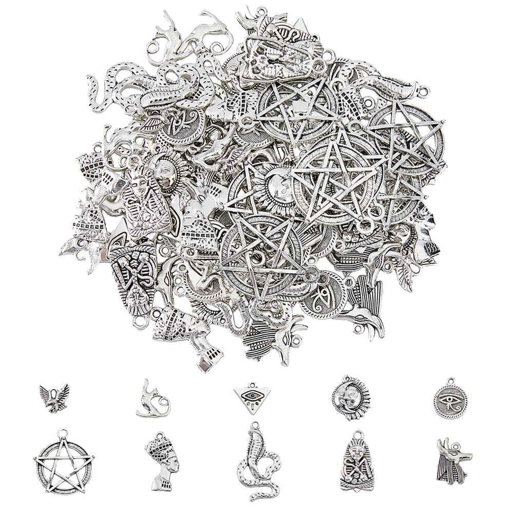 DICOSMETIC 100Pcs 10 Styles Egyptian Jewelry Charms Tibetan Style Alloy Pendants Antique Silver Metal Charms Versatile Small Mysterious Charms for DIY Jewelry Making, Hole: 1-3mm
