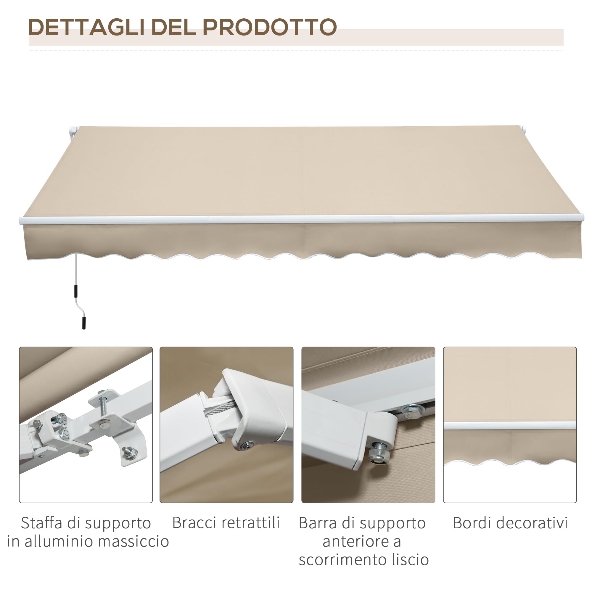 Outsunny Tenda da Sole 3.5x2.5 m Braccio Avvolgibile Manovella Alluminio Poliestere 280 g/㎡ UV30+ Crema