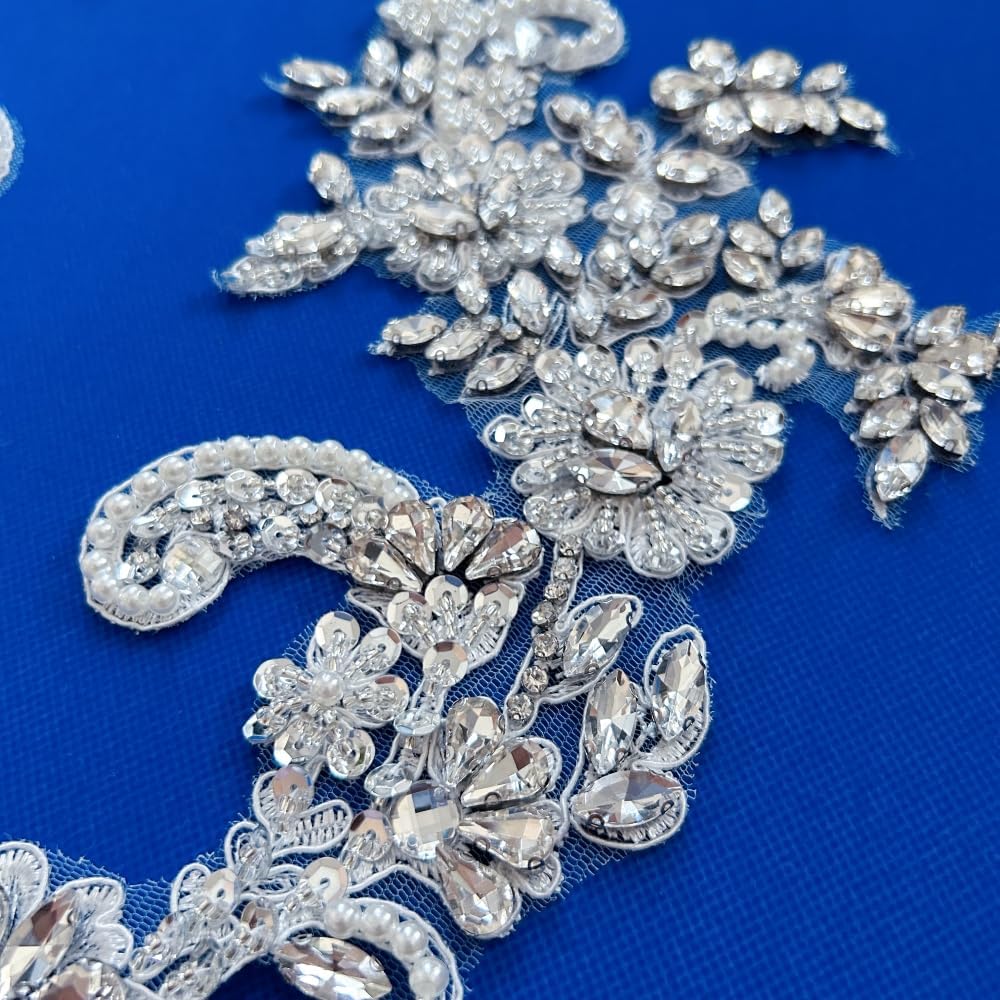 Handmade Rhinestones Applique Silver Glass Stones Beads Bling Bright Crystal White Lace Patches Bodice Accessories for Weding Dress Decorations