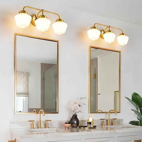 Miniatura 6 de Accesorios de iluminación de tocador de baño 3 luces doradas de tocador sobre el espejo, 17 pulgadas E26 60W moderna lámpara de baño con vidrio