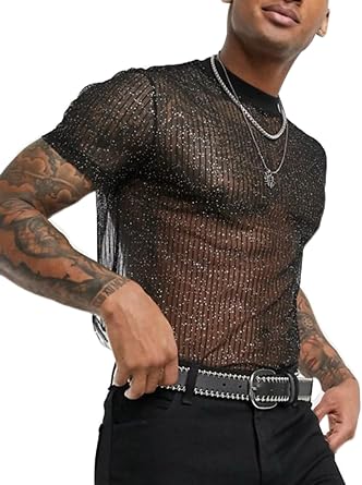 Mens Sheer See Through Mesh Tee Glitter Button Front Short Sleeve T-Shirt Tops