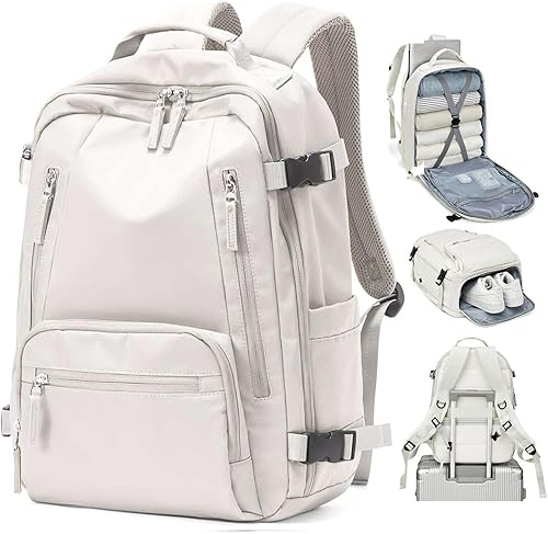 SEAFEW Mochila de viaje para mujer, mochila de mano aprobada por vuelo, mochilas casuales para cabaña, Blanco con compartimento para zapatos