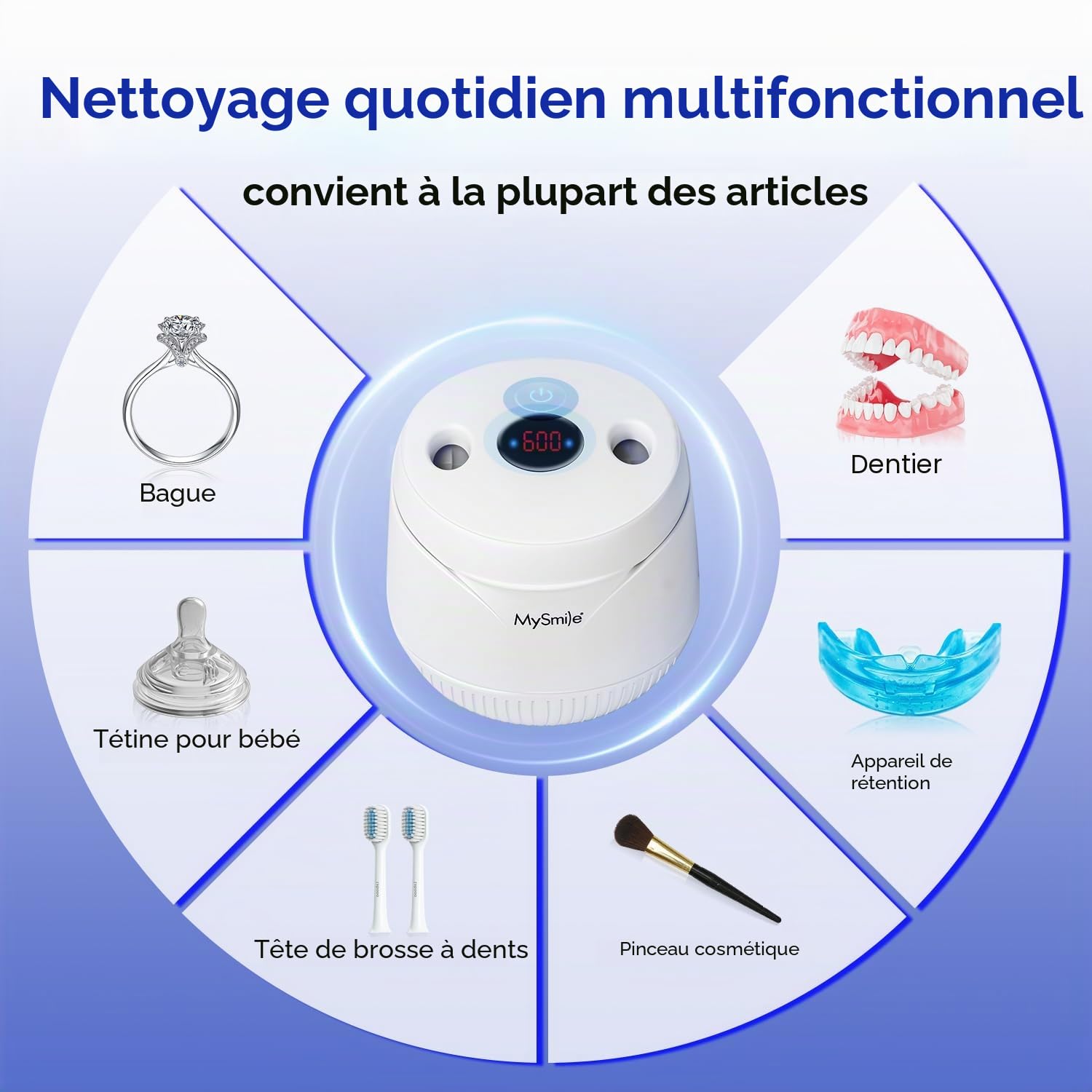 MySmile Nettoyeur de retenue à ultrasons 200ML 45 kHz avec minuterie numérique pour prothèses dentaires