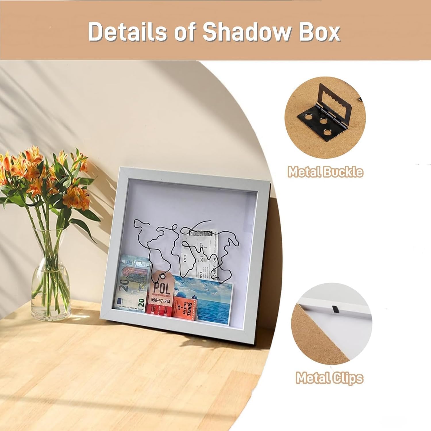 House of Quirk Travel Adventure Archive Shadow Box for Memories, Shadow Keepsake Box with Slot On Top, Life in a Shadow Box Travel Gift Frame (8" x 8" inch Medium, White) 1