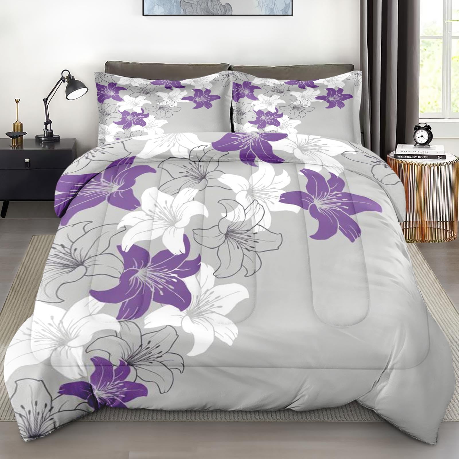 Nesker Comforter Set Full Size, Vintage Lily Flower Soft Bedding for Kids and Adults, Floral Purple Retro Bedding with 2 Pillowcases for Bedroom Bed Decor