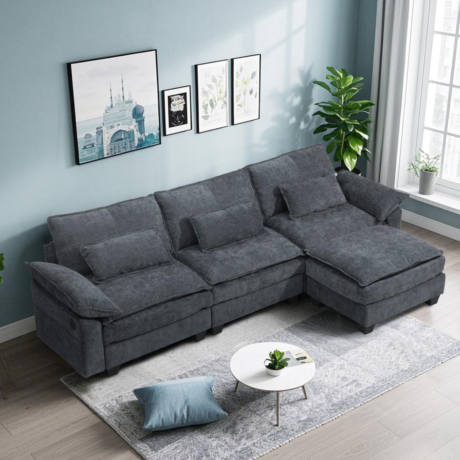Suvivityse Modular Sectional Sofa for Living Room, Cloud Couch Sectional with USB, Movable Ottoman, 3-Layer, Modern Chenille Fabric, 22.8in Depth