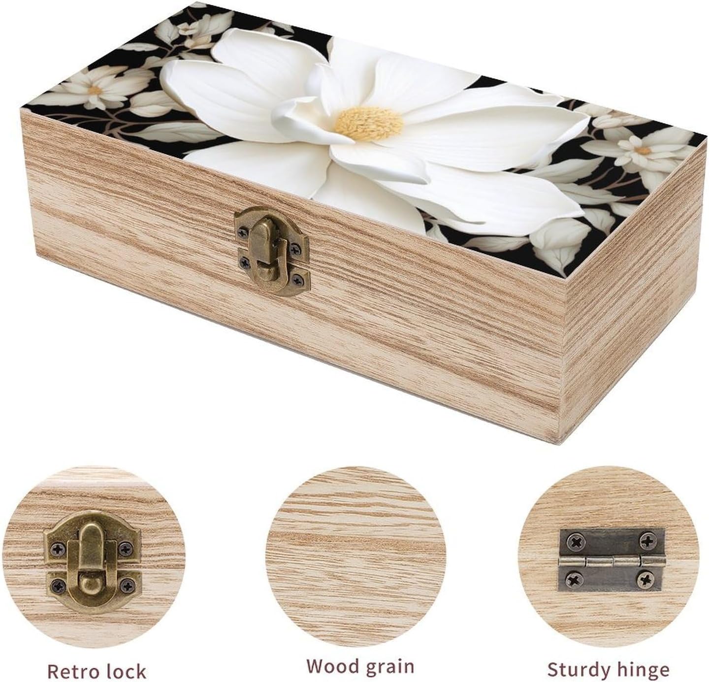 White Floral Memory Jewelry Wooden Box, Large Wooden Treasure Chest Boxes with Hinged Lid, Photos Storage Case for Women Men, Wooden Keepsake Box, 7.9'' X 3.9'' X2.3''
