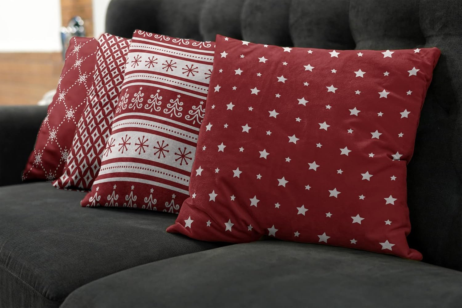 Ambesonne Christmas Throw Pillow Cushion Case Pack of 4, Stars Scandinavian Tree Stripes Circles Diamond Check Noel Concept New York, Modern Accent Double-Sided Digital Printing, 18", Ruby and White