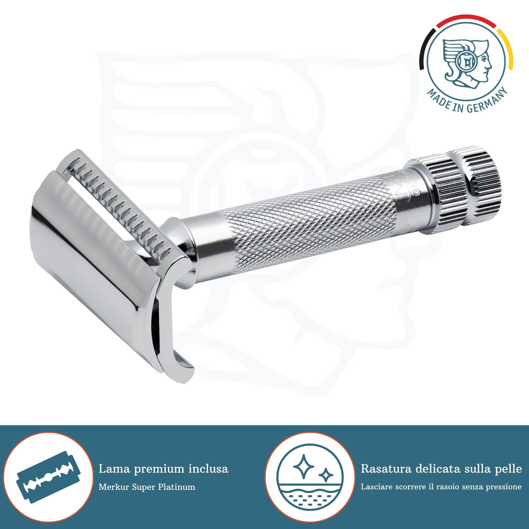 MERKUR 37C Rasoio di sicurezza a taglio obliquo – Finitura cromata lucida, pettine chiuso, rasatura tradizionale – Made in Germany