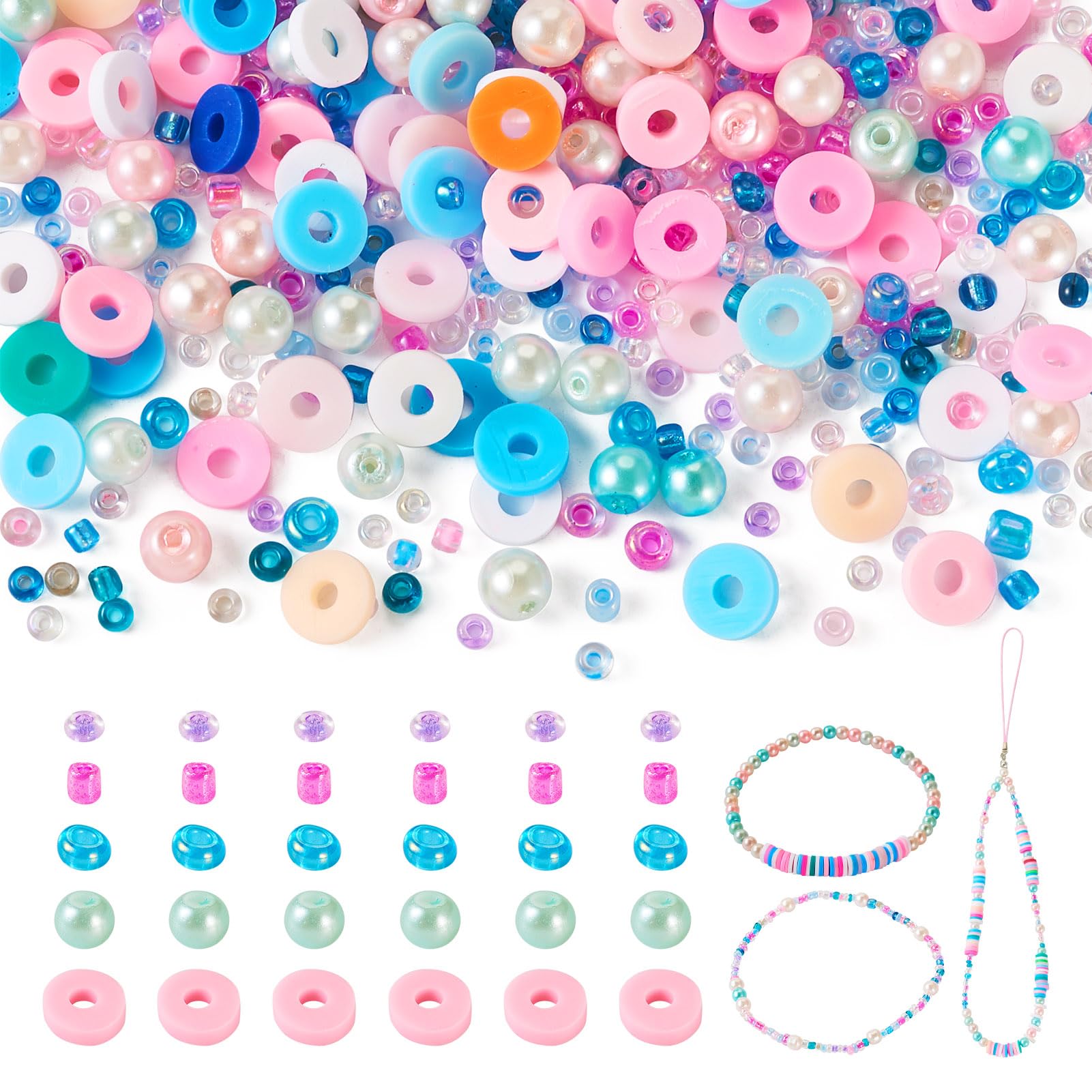 PandaHall 66g Clay Beads Kit 6mm Flat Round Polymer Clay Beads Imitation Pearl Beads Pony Seed Beads for DIY Friendship Bracelet Jewelry Making, Light Blue