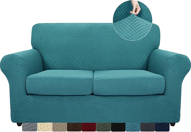 MAXIJIN 3 Piece Newest Jacquard Couch Covers for 2 Seater Super Stretch Non Slip Love Seat Couch Cover for Dogs Pet Friendly Elastic Furniture Protector Loveseat Slipcovers (2 Seater, Peacock Blue)