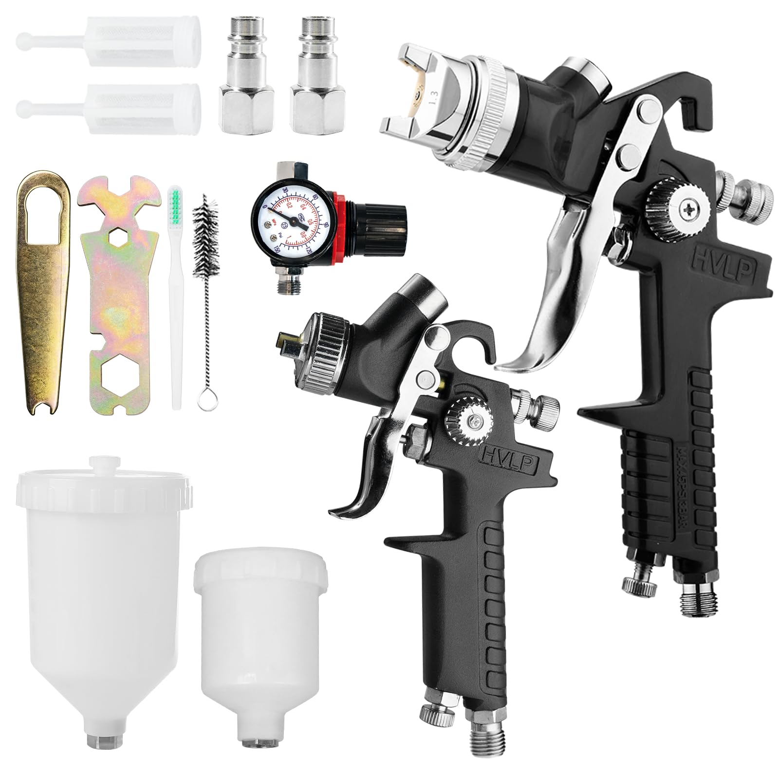 HVLP Kit de pulvérisation de peinture pistolet à peinture 0,8 mm 1,4 mm buses à air comprimé avec tasse de 125 ml et 600 ml outil de pulvérisation de peinture pour voiture, meubles, travaux d'atelier