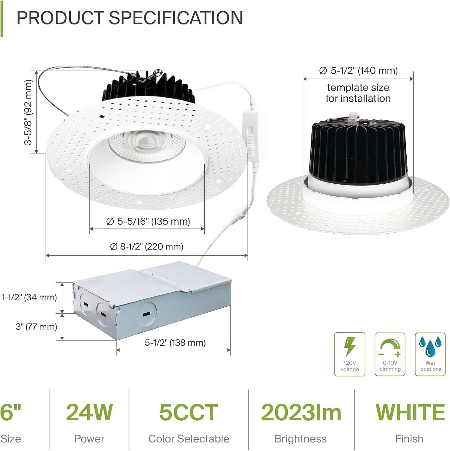 ASD Trimless LED Commercial Downlight - 6 Inch, 24W 120-277V J-Box Canless, Dimmable, 5 CCT 2700K-5000K CRI 90+, IC Rated, ETL, Energy Star, White