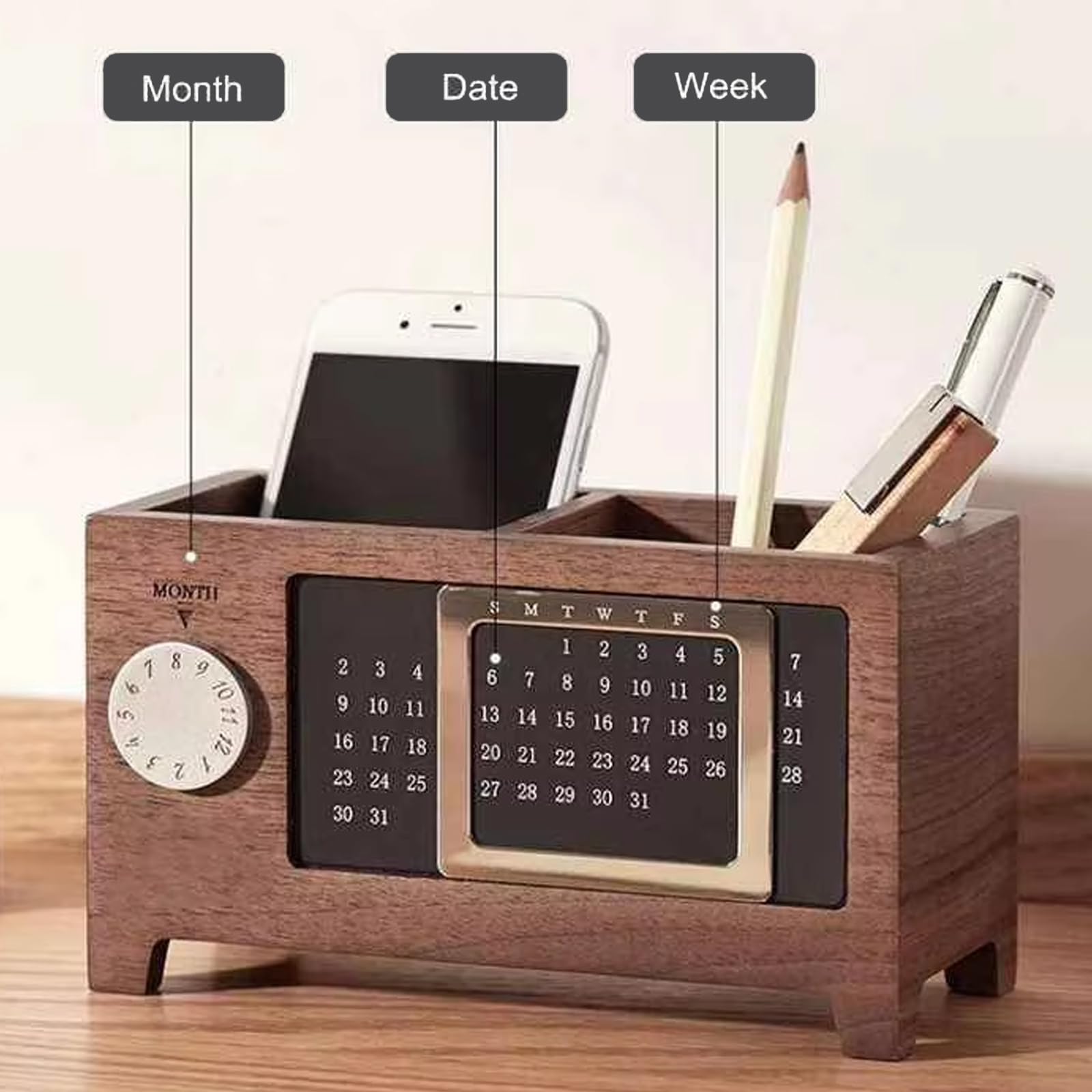 Calendario perpetuo in Acero/Noce, portapenne in Legno, Calendario perpetuo con Binario Scorrevole Magnetico e Doppio Scomparto.