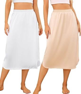 2 Pack Half Slip for Under Dresses Lace Long Satin Underskirt Womens Half Slip Anti Static Skirt Extender S-3XL