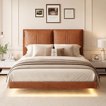 Queen Floating Bed Frame with Faux Leather Headboard, LED Lights